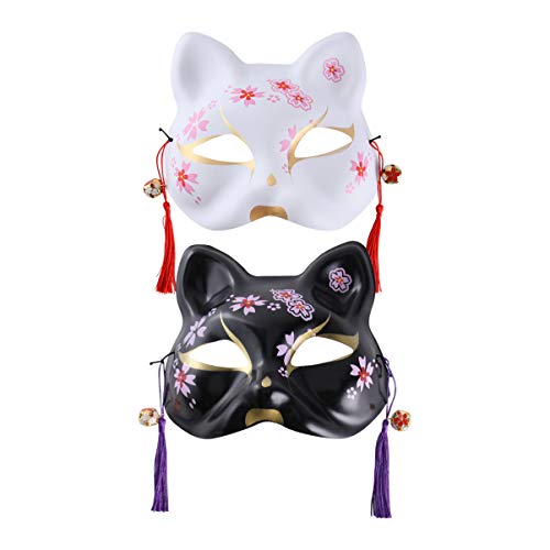 HEALEEP 2 Stück Teiliges Handbemalte Katzenmaske Weiße und Schwarze Japanische Katze für Halloween und Kostümpartys Leicht und Verstellbar mit Glöckchen und Quasten von HEALEEP
