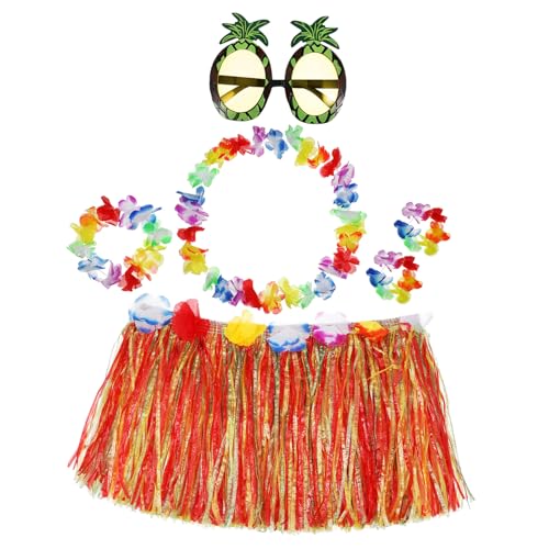 HEALEEP Teiliges Hawaiianisches Grasrock Kostüm mit Doppellagigem Tanzrock Bunter Blumen Girlande und Ananas Sonnenbrille Leichtes Langlebiges Plastik für Hawaii Luau Party und Strandfest von HEALEEP