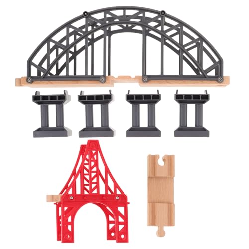 HEALSOPTHY 2 Stück Holzeisenbahn Zugbrücke aus Holz mit Grauer Kreuzbrücke und Roter Eisenbahnturm Simulationstauglich Ersatzteil für Holzeisenbahnschienen Fördert Motorische Fähigkeiten und von HEALSOPTHY