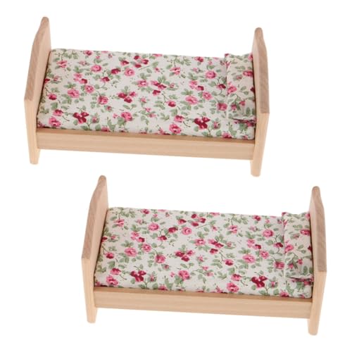 HEALSOPTHY 2 Stücke Miniatur Puppenhaus Bett Maßstabsgetreues Mini Holzbett mit Matratze und Kissen Holzspielmöbel für Puppenhaus Schlafzimmer Vielseitige Miniaturmöbel für Kinderzimmer von HEALSOPTHY