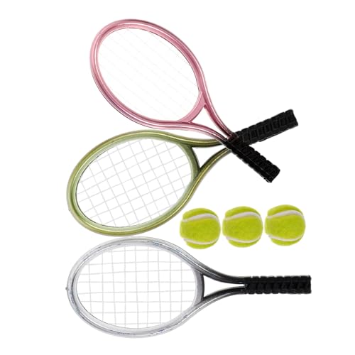 HEALSOPTHY 3 Sätze Miniatur Tennisracket mit Bällen Mini Dekoratives Sportaccessoire für Puppenhaus Realistisches Modell für Fotorequisiten und Miniaturlandschaften Leicht und Kompakt für von HEALSOPTHY