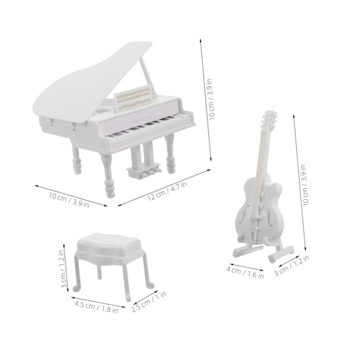 HEALSOPTHY 3 Stück Miniatur Puppenhaus Klavier Modell mit Mini Gitarre und Hocker Detailgetreues Musikinstrument Ornament Realistisches Möbelset für Puppenstube und Landschaftsdeko Weißes von HEALSOPTHY