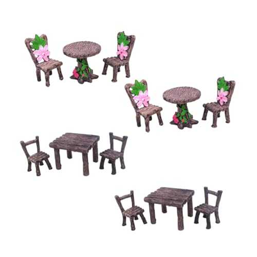 HEALSOPTHY 4 Sätze Teilige Miniatur möbel Holz Tisch Stuhl Realistische Pflanzendekoration für Mikro landschaften Puppenhaus Zubehör Feengarten Miniatur Gartenmöbel Deko von HEALSOPTHY