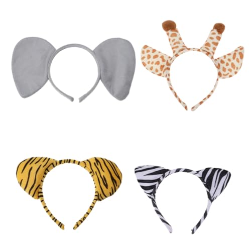 HEALSOPTHY 4 Stück Teiliges Tierohren Haarreifen mit Tiger Elefant Zebra und Giraffe Cosplay Stirnband für Erwachsene Halloween Kostüm Party Zubehör Lebendige Tierohren Haarschmuck von HEALSOPTHY