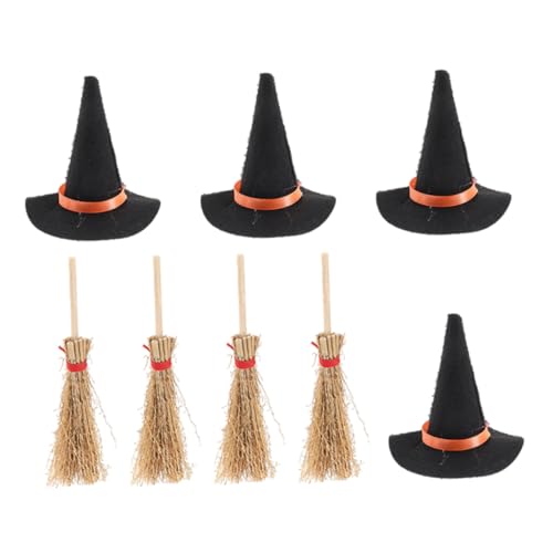 HEALSOPTHY 8 Stück Teiliges Mini Hexenhüte und Besen Filzbezogen Große Schwarze Hüte Rote Besen Detailreiche Puppenhaus Deko für Halloween und DIY Miniaturprojekte von HEALSOPTHY
