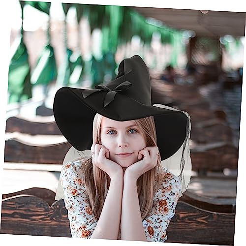 HEALSOPTHY Halloween Hexenhut mit Schleier und Schleife Schwarzer Cosplay Hut für Damen Hautfreundlich und Strapazierfähig für Party Karneval und Bühnenauftritte von HEALSOPTHY