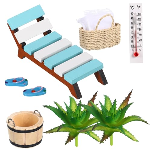 HEALSOPTHY Miniatur Strandmöbel Holz Sicher Langlebig Kleine Deko für Puppenhaus mit Liegestuhl Hausschuhen Blättern Miniatur Strandlandschaft Zubehör für DIY Zen Garten und Schreibtisch von HEALSOPTHY