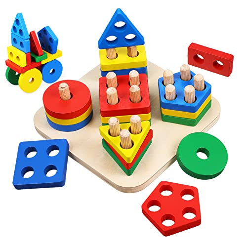 HEALSOPTHY Montessori Holzspielzeug Sortier und Stapelspiel für Kleinkinder Bunte Geometrische Formen Farbenfrohes Steckspiel Pädagogisches Motorikspielzeug zur Farb und Formerkennung von HEALSOPTHY