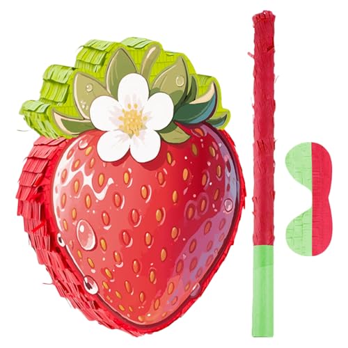 HEALSOPTHY Rotes Erdbeer-pinata Partyspiel Stab und Augenbinde Robuste Pappkonstruktion Einfache Befüllung Sommergeburtstagsdekoration und Interaktives Kinderpartyspiel von HEALSOPTHY