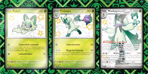 3X Schillernde Pokémon Karten – Felori SVPDE076 | Feliospa SVPDE077 | Maskagato ex SVPDE078 – Deutsch – inkl. Magnetischer Kartenhalter für 3 Karten + Heartforcards® Versandschutz von HEART FOR CARDS