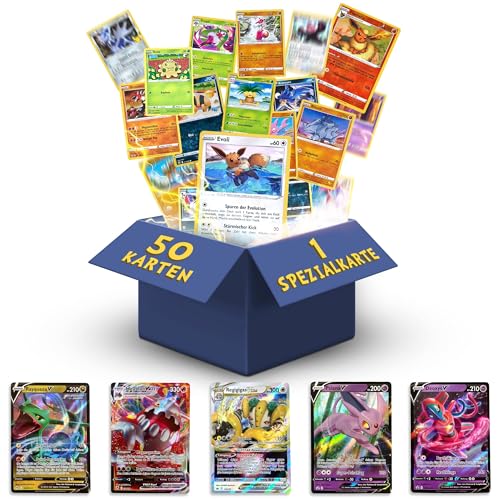 Heartforcards® 50 Original Verschiedene Pokemon Karten | Deutsch | 1 V/Ex/Vmax/Vstar | 3X Holo | 3X Selten |1X zufällige Pikachu/EvoIi | Sammelkarten aus aktuellen Sets 100 Hüllen von HEART FOR CARDS