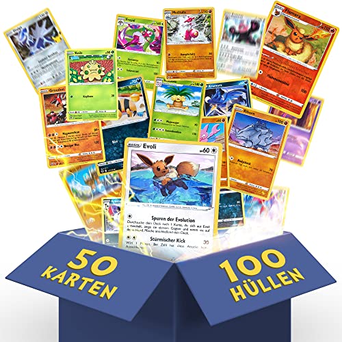 Heartforcards® 50 Original Verschiedene Pokemon Karten | Deutsch | 5X Holo | 3X Rares | 1 zufällige Pikachu/EvoIi/Glumanda/Dedenne | Sammelkarten aus aktuellen Sets | für Weihnachten + 100 Hüllen von HEART FOR CARDS