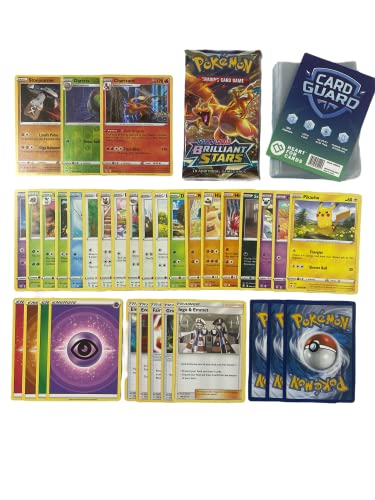 Pok 50 Stück Pokemon-Karten ohne Doppelkarten + 1 zufälliges Pokemon Booster + 2 glänzende Karten + 1 seltene Karten + 100 Heartforcards® Card Guard Sleeves von HEART FOR CARDS