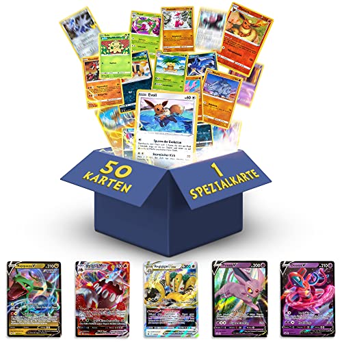 Pokemon Karten deutsch 50 Verschiedene Original Pokemon | 1 V, VMAX, VSTAR, EX | 3X Holo | 1x Rare | 1 zufällige Pikachu, Evoli, Dedenne aktuelle Sets + 1 Heartforcards® Toploader von HEART FOR CARDS
