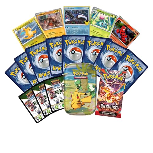 Pokemon SUPER Geschenk Paket | 1 Mini Tin Box mit 50 zufälligen Karten | 1 zufälliger Booster | 3 Codes | 5 Holo Karten von HEART FOR CARDS