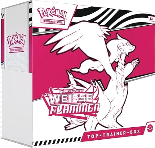 Pokémon Top-Trainer-Box – Karmesin & Purpur: Weiße Flammen [Deutsch] – 9 Booster, Boreos-Promokarte & Zubehör | Mit Heartforcards® Versandschutz von HEART FOR CARDS