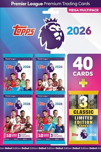 Topps Premier League 2026 – Debüt-Edition Mega Multipack | 40 Karten + 3 zufällige Classic LE Karten | Fußball-Sammelkarten | Mit Heartforcards® Versandschutz von HEART FOR CARDS