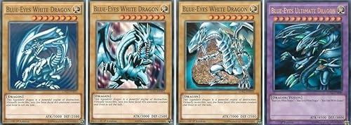 Yugi Kartenset – Blue-Eyes Fusion Set (1x Ultimativer Drache + 3X Weißer Drache in versch. Artworks) + Heartforcards® Versandschutz von HEART FOR CARDS