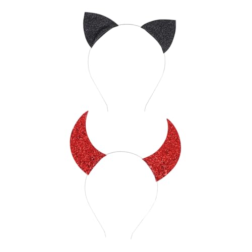 HEATSHAKING 2 Teiliges Stirnband Set Ohr Teufelshorn Haarband Teufelshorn Stirnband Haarband Für Erwachsene Katze Damen Halloween Kostüm Kopfschmuck Haar von HEATSHAKING