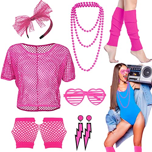 HEAWAA 7 Stück 80er Jahre Outfit Damen, 80er 90er Kleidung Kostüm Neon Accessoires mit Netzshirt Netzhandschuhe Stirnband Ohrring Halskette Beinwärmer für Mädchen Mottoparty Karneval Fasching von HEAWAA