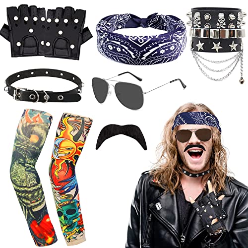 10 Stück Rock Kostüm Zubehör, 70er/80er/90er Punk Gothic Rocker Kit mit Bandana Tattoo Ärmel Handschuhe Armband Brille Schnurrbart Halsband Ringe für Herren Damen Party von HEAWAA