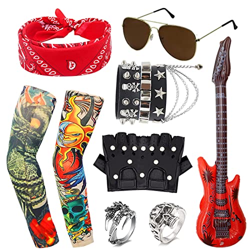 HEAWAA 11Pcs Rock Accessoires, 60er/70er/80er Jahre Kostümzubehör mit Fake Tattoos Ärmel Kapuzen Handschuhe Armbänder Ringe Aufblasbare Gitarren Sonnenbrille für Karneval Fasching Party von HEAWAA