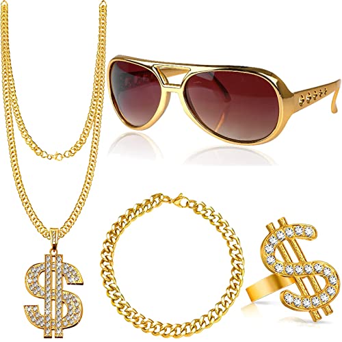 4 Stück Hip Hop Kostüm Zubehör Set, 70er 80er 90er Jahre Rapper Accessories mit Dollar Halskette Ring Goldkette Armband Sonnenbrille Zuhälter Kostüm für Herren Fasching Karneval Cosplay von HEAWAA