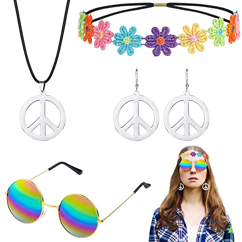 4 Stück 60er 70er Jahre Hippie Kostüm Set, Hippie Accessoires mit Friedenszeichen Halskette Ohrring Retro Sonnenbrille Stirnbänder für Damen Herren Party von HEAWAA