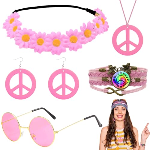 5 Stück 60er 70er Hippie Kostüm Set mit Friedenszeichen Halskette Ohrringe Stirnband Armbänder Brille für Damen Party Karneval (Rosa) von HEAWAA