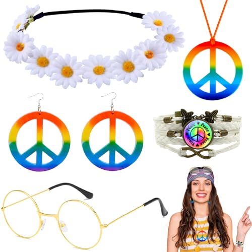 5 Stück 60er 70er Hippie Kostüm Set mit Friedenszeichen Halskette Ohrringe Stirnband Armbänder Brille für Damen Party Karneval (Weiß) von HEAWAA