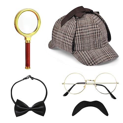 5 Stück Detektiv Kostüm Zubehör Set, Sherlock Holmes Kostüm Accessoires mit Detektiv Hut Brille Falscher Schnurrbart Lupe Fliege Detektiv Cosplay Requisiten für Fasching Karneval Cosplay Party von HEAWAA