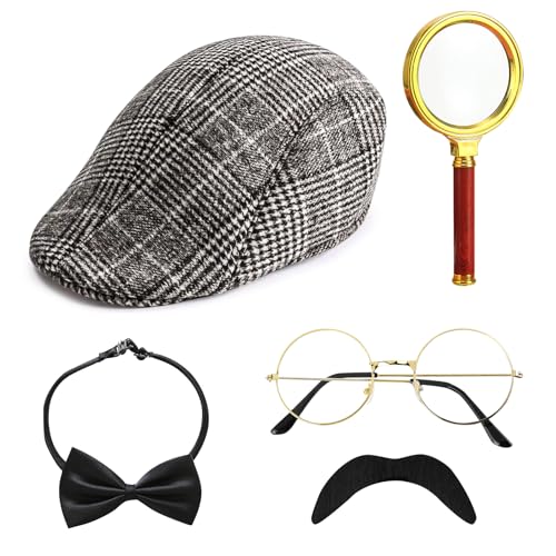 5 Stück Detektiv Kostüm Zubehör Set, Sherlock Holmes Kostüm Accessoires mit Detektiv Hut Brille Falscher Schnurrbart Lupe Fliege Detektiv Cosplay Requisiten für Fasching Karneval Cosplay Party von HEAWAA