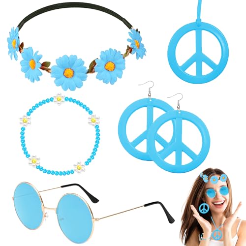 5 Stück Hippie Kostüm Accessoires, Vintage Zubehör per Costume Hippie mit Brille Friedenszeichen Halskette Ohrringe Stirnband Armbänder für Damen Herren 60er 70er 80er Jahre Party Karneval (Hellblau) 5 Stück Hippie Kostüm Accessoires, Vintage Zubehör per Costume Hippie mit Brille Friedenszeichen Halskette Ohrringe Stirnband Armbänder für Damen Herren 60er 70er 80er Jahre Party Karneval (Hellblau) von HEAWAA