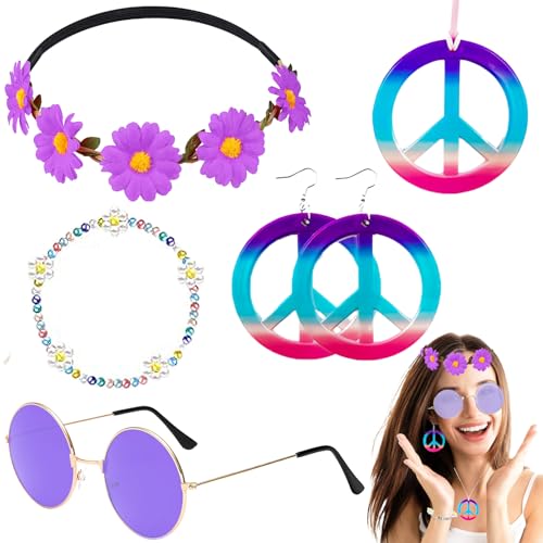 5 Stück Hippie Kostüm Accessoires, Vintage Zubehör per Costume Hippie mit Brille Friedenszeichen Halskette Ohrringe Stirnband Armbänder für Damen Herren 60er 70er 80er Jahre Party Karneval (Purpur) von HEAWAA