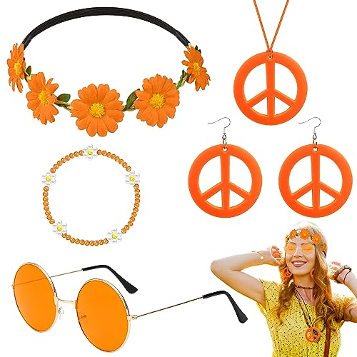 5 Stück Hippie Kostüm Accessoires, Vintage Zubehör per Costume Hippie mit Brille Friedenszeichen Halskette Ohrringe Stirnband Armbänder für Damen Herren 60er 70er 80er Jahre Party Karneval von HEAWAA