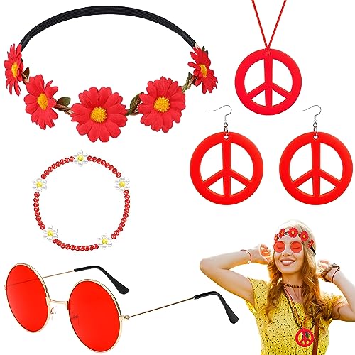 5 Stück Hippie Kostüm Accessoires, Vintage Zubehör per Costume Hippie mit Brille Friedenszeichen Halskette Ohrringe Stirnband Armbänder für Damen Herren 60er 70er 80er Jahre Party Karneval 5 Stück Hippie Kostüm Accessoires, Vintage Zubehör per Costume Hippie mit Brille Friedenszeichen Halskette Ohrringe Stirnband Armbänder für Damen Herren 60er 70er 80er Jahre Party Karneval von HEAWAA