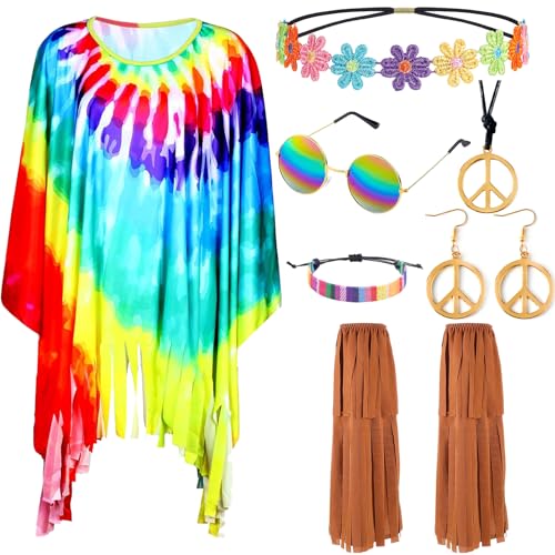 60er 70er Hippie Kostüm Set, 7 Stück Hippie Kleidung für Damen mit Hippie Poncho Quasten Beinärmel Stirnband Sonnenbrillen Frieden Zeichen Halskette Ohrringe Für Frauen Karneval Motto Party von HEAWAA