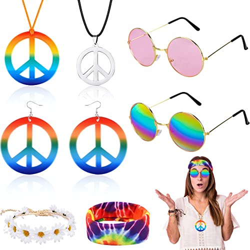 7 Stück Hippie Kostüm Set, 60er 70er Jahre Hippie Accessoires mit Friedenszeichen Halskette Ohrring Retro Brille Stirnbänder für Damen Herren Party von HEAWAA