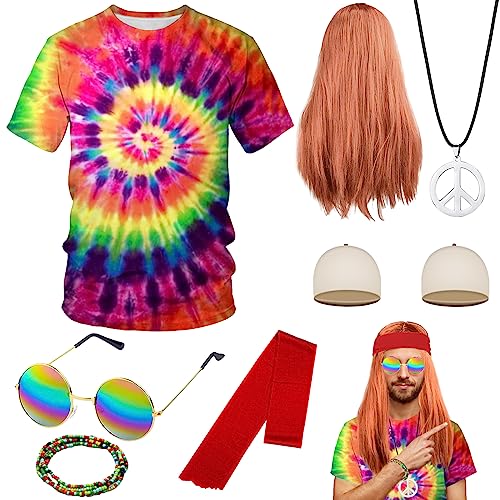 8 Stücke Hippie Kostüm Herren, 70er Hippie Kostüme Set mit Perücke Hippie T-Shirt Retro Brille Peace Halskette Stirnban Armbänder für 60er 70er 80er Jahre Party Karneval von HEAWAA