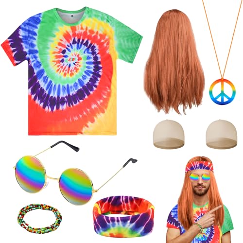 8 Stücke Hippie Kostüm Herren, 70er Hippie Kostüme Set mit Perücke Hippie T-Shirt Retro Brille Peace Halskette Stirnban Armbänder für 60er 70er 80er Jahre Party Karneval von HEAWAA