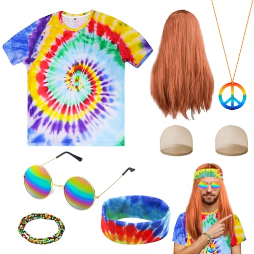 8 Stücke Hippie Kostüm Herren, 70er Hippie Kostüme Set mit Perücke Hippie T-Shirt Retro Brille Peace Halskette Stirnban Armbänder für 60er 70er 80er Jahre Party Karneval von HEAWAA