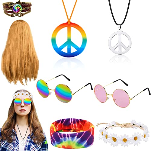 8 Stück 60er 70er Jahre Hippie Perücke Zubehör Set, Hippie Kostüm Accessoires mit Perücke Friedenszeichen Halskette Ohrring Retro Sonnenbrille Stirnbänder Armband für Damen Herren Party von HEAWAA