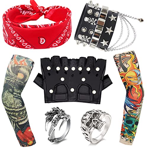 7 Stück Rock Zubehör, 70er 80er Jahre Punker Kostüm Zubehör mit falschen Tattoo Ärmeln Armband und Ringe Schwermetall Disco Rocker Kit für Frauen Männer Erwachsene Halloween Karneval Party von HEAWAA