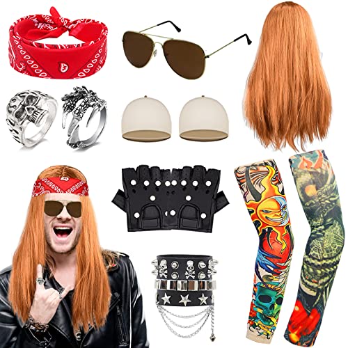 HEAWAA 11PCS Punk Gothic Rocker Kit, Rock Kostüm Set mit Perücke Falsche Tätowierung Ärmel Sonnenbrillen Stirnband PU Handschuhe Armband Ring für 60s/70s/80s Fasching Karneval Party von HEAWAA