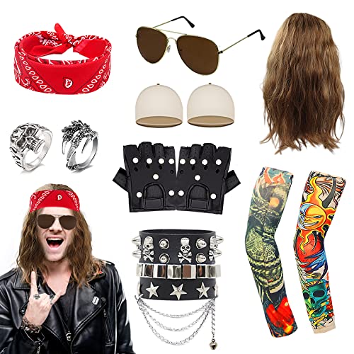 HEAWAA 11PCS Rock Kostüm Set, Punk Gothic Rocker Kit mit Perücke Falsche Tätowierung Ärmel Brille Stirnband PU Handschuhe Armband Ring für 60s/70s/80s Fasching Karneval Party Zubehör von HEAWAA