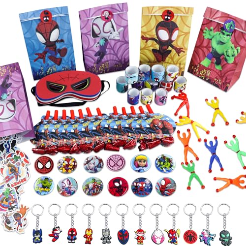 HEAWAA 134Pcs Spiderman Party Mitgebsel Kindergeburtstag, Superhelden Party Gastgeschenke Kinder mit Geschenktüten Schnapparmband Masken Wandkletterer Blasdrache Schlüsselanhänger für Junge Mädchen von HEAWAA