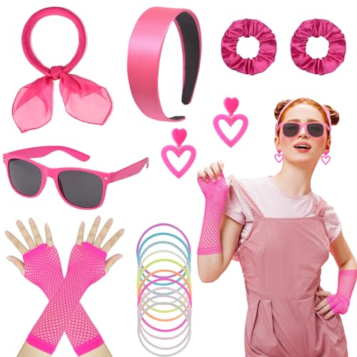 HEAWAA 17-teiliges 80er-Jahre-Zubehör für Frauen, 1980er-Jahre-Kostüm-Sets mit rosa Seidenschal, Stirnband, Herz, Ohrring, Fischnetz, Handschuhe, Neonarmband, Haargummis, Retro-Brille für von HEAWAA
