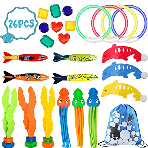 HEAWAA 26 Stück Tauchspielzeug für Kinder, Sommer Pool Spielzeug Set mit Tauchringe Tauchtorpedo Seetang Oktopus Delfin Tauchen Edelstein Unterwasser Pool Spielzeug für Jungen Mädchen von HEAWAA