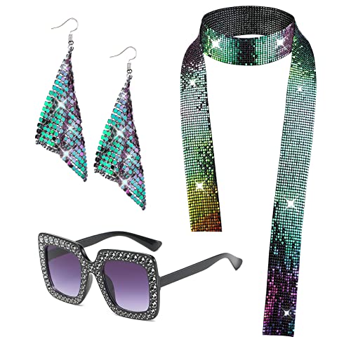 HEAWAA 3 Stück Disco Accessoire für Damen, 70er 80er Kostüm Zubehör Set mit Glitzer Schal Strass Sonnenbrille Ohrringe 1970er Outfit für Mädchen Fasching Karneval Themed Party Supplies von HEAWAA