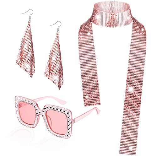 HEAWAA 3 Stück Disco Accessoire für Damen, 70er 80er Kostüm Zubehör Set mit Glitzer Schal Strass Sonnenbrille Ohrringe 1970er Outfit für Mädchen Fasching Karneval Themed Party Supplies von HEAWAA